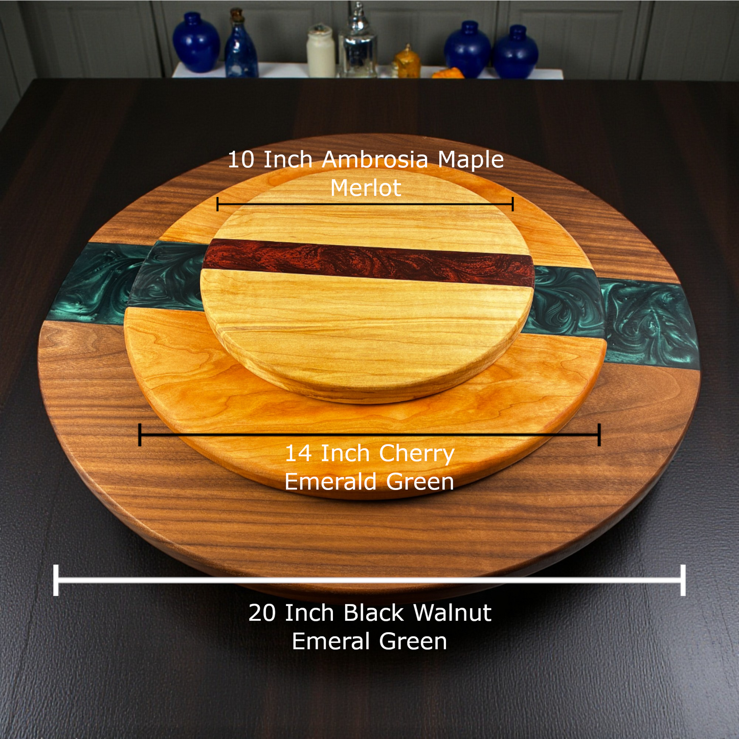 Handmade Lazy Susan Turntable – American Made Black Walnut, Ambrosia Maple, or Cherry HardWood and Resin Lazy Susan - 10", 14", 20" Diameter