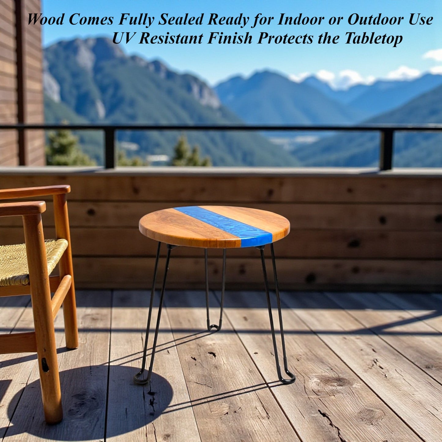 Oak with Walnut Stain Blue River End Table – Handcrafted ALYMACK Epoxy Resin Side Table with Blue River Design – 14" Top, 20" Height (Copy)