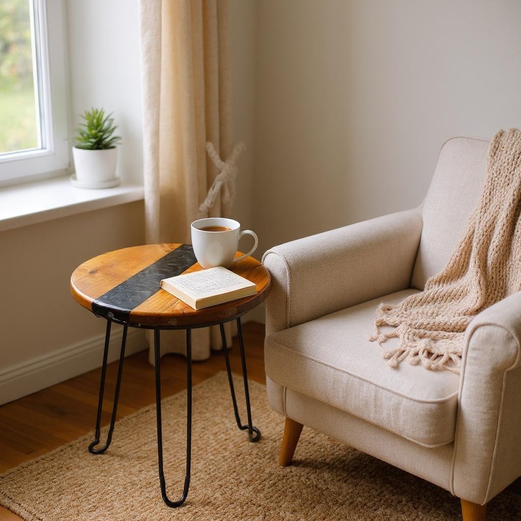 Alder Black River End Table – Handcrafted ALYMACK Epoxy Resin Side Table with Black River Design – 14" Top, 20" Height