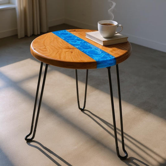 Alder Blue River End Table – Handcrafted ALYMACK Epoxy Resin Side Table with Blue River Design – 14" Top, 20" Height