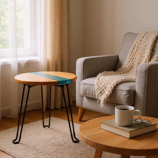 Alder Green River End Table – Handcrafted ALYMACK Epoxy Resin Side Table with Green River Design – 14" Top, 20" Height