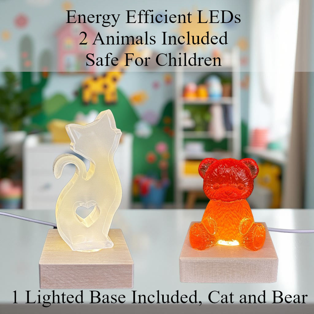 Cat and Bear Collectable Night Light – Handmade Wooden LED Lamp with Bear Figure | Nursery Decor & Baby Gift - Small Desk Lamp- Collectable Removable Animal