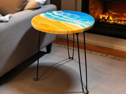 Ocean Wave Round End Table - Handcrafted ALYMACK Epoxy Resin Side Table - 16" Top, 20" Height