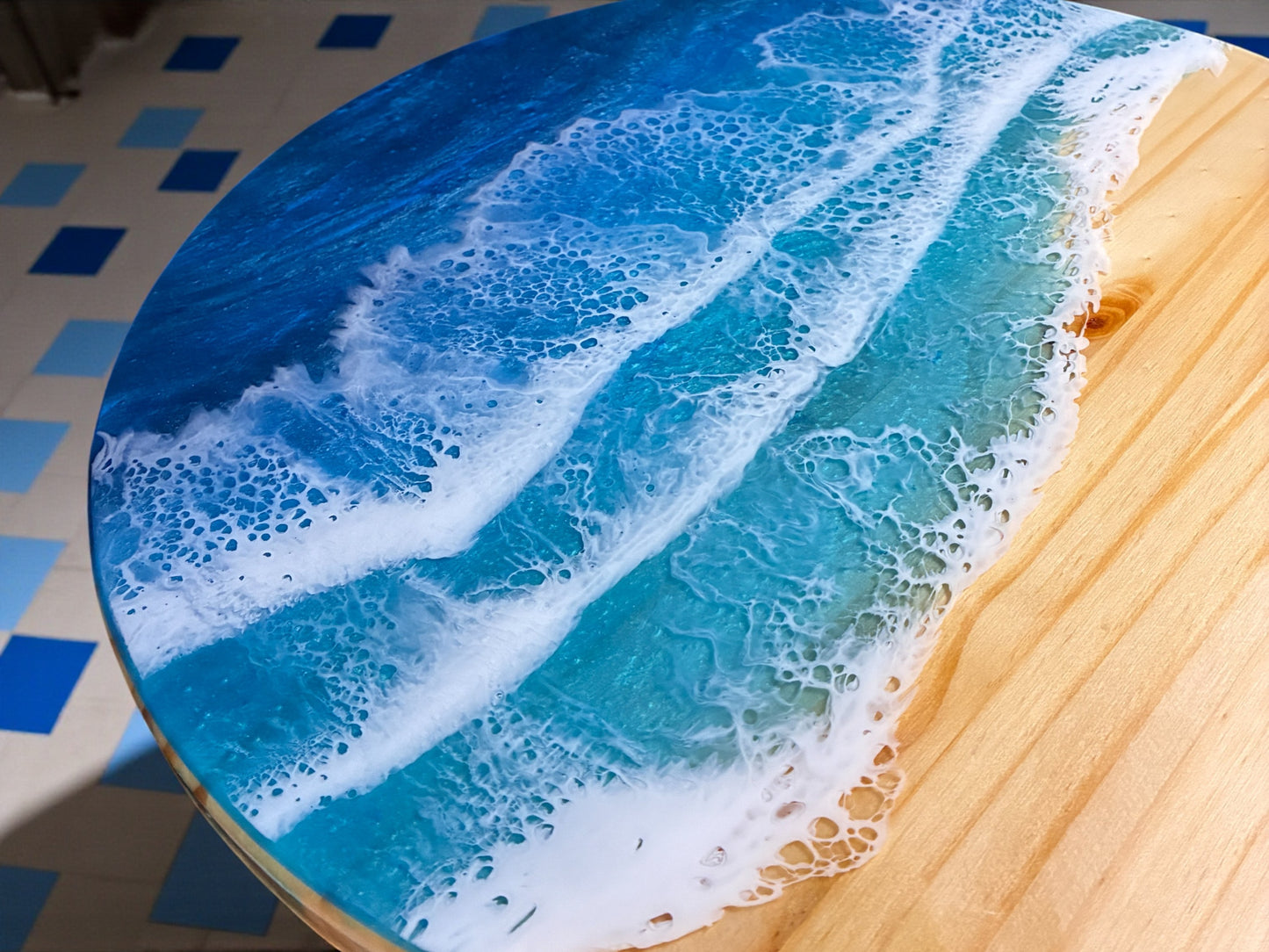 Ocean Wave Round End Table - Handcrafted ALYMACK Epoxy Resin Side Table - 16" Top, 20" Height