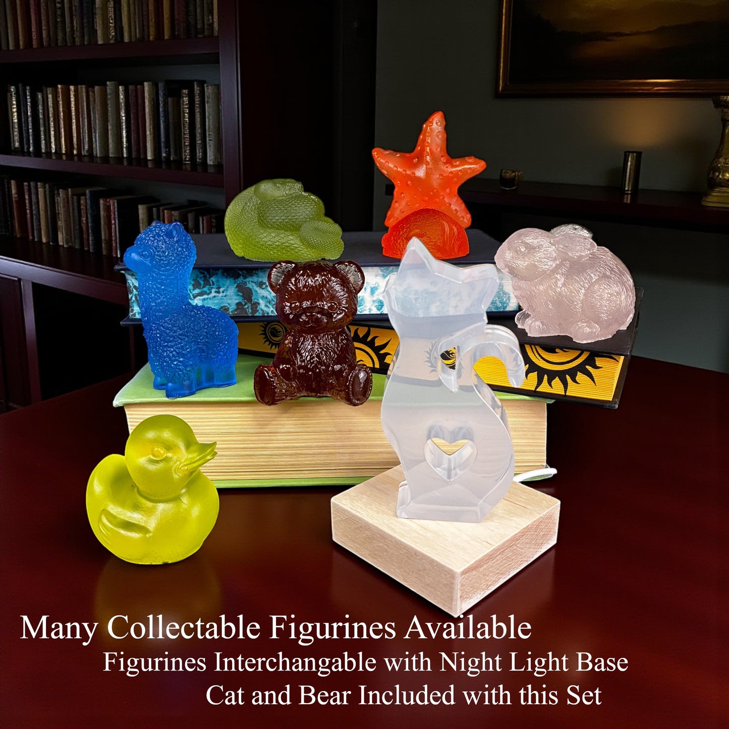 Cat and Bear Collectable Night Light – Handmade Wooden LED Lamp with Bear Figure | Nursery Decor & Baby Gift - Small Desk Lamp- Collectable Removable Animal