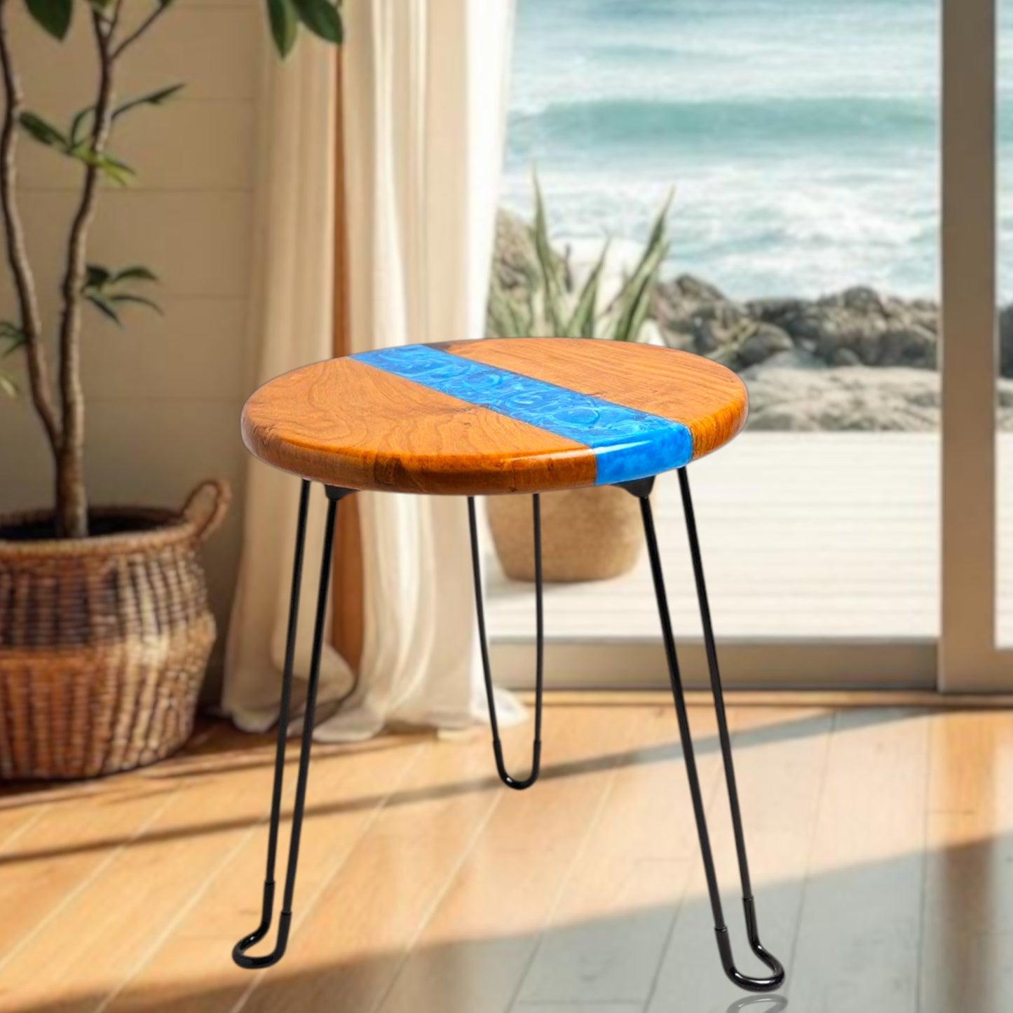 Alder Blue River End Table – Handcrafted ALYMACK Epoxy Resin Side Table with Blue River Design – 14" Top, 20" Height