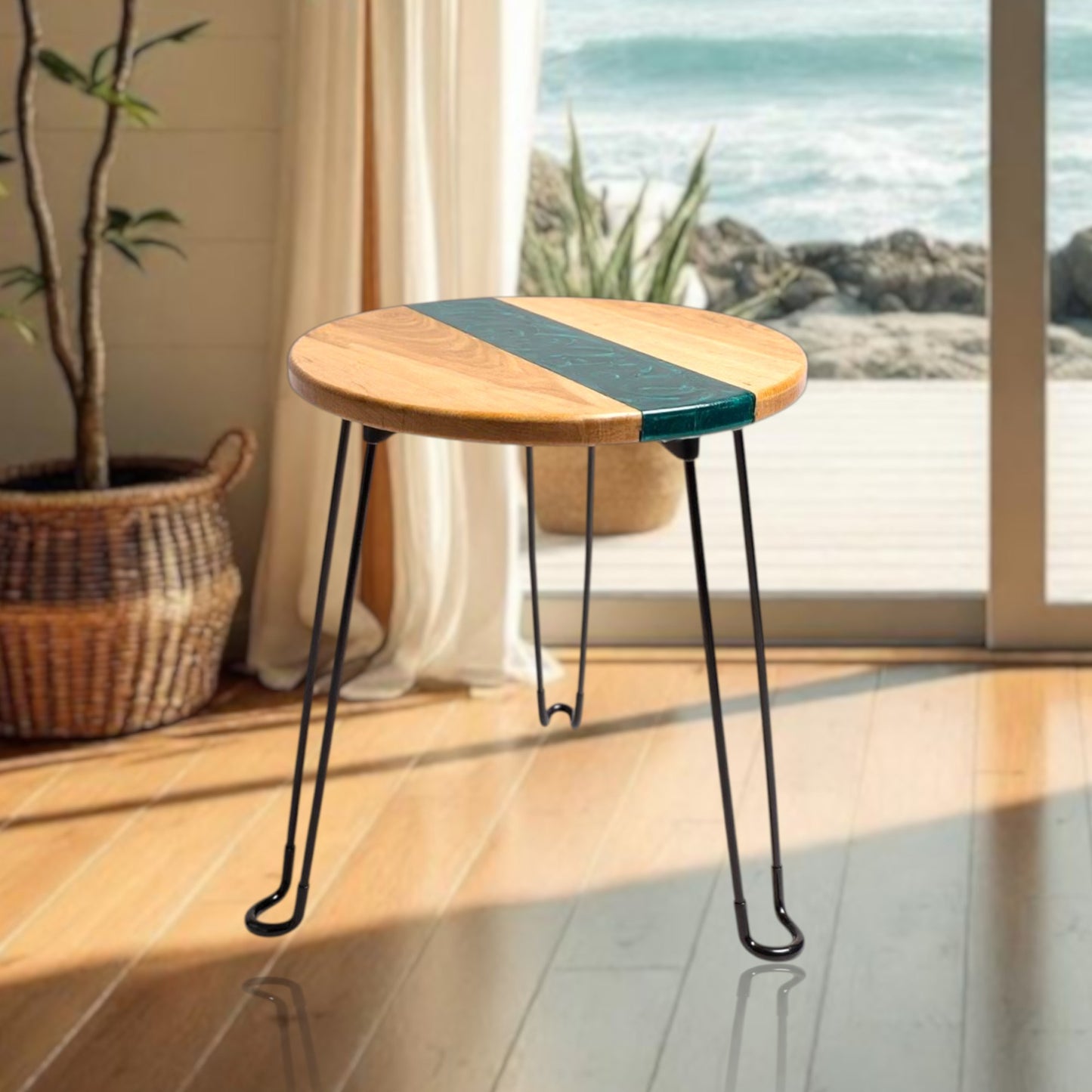 Maple Green River End Table – Handcrafted ALYMACK Epoxy Resin Side Table with Green River Design – 14" Top, 20" Height