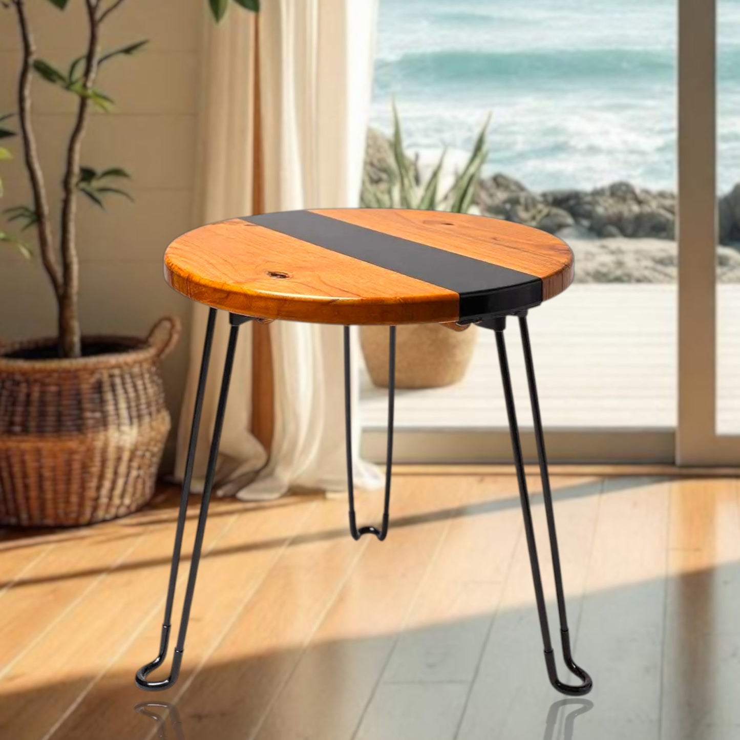 Alder Black River End Table – Handcrafted ALYMACK Epoxy Resin Side Table with Black River Design – 14" Top, 20" Height