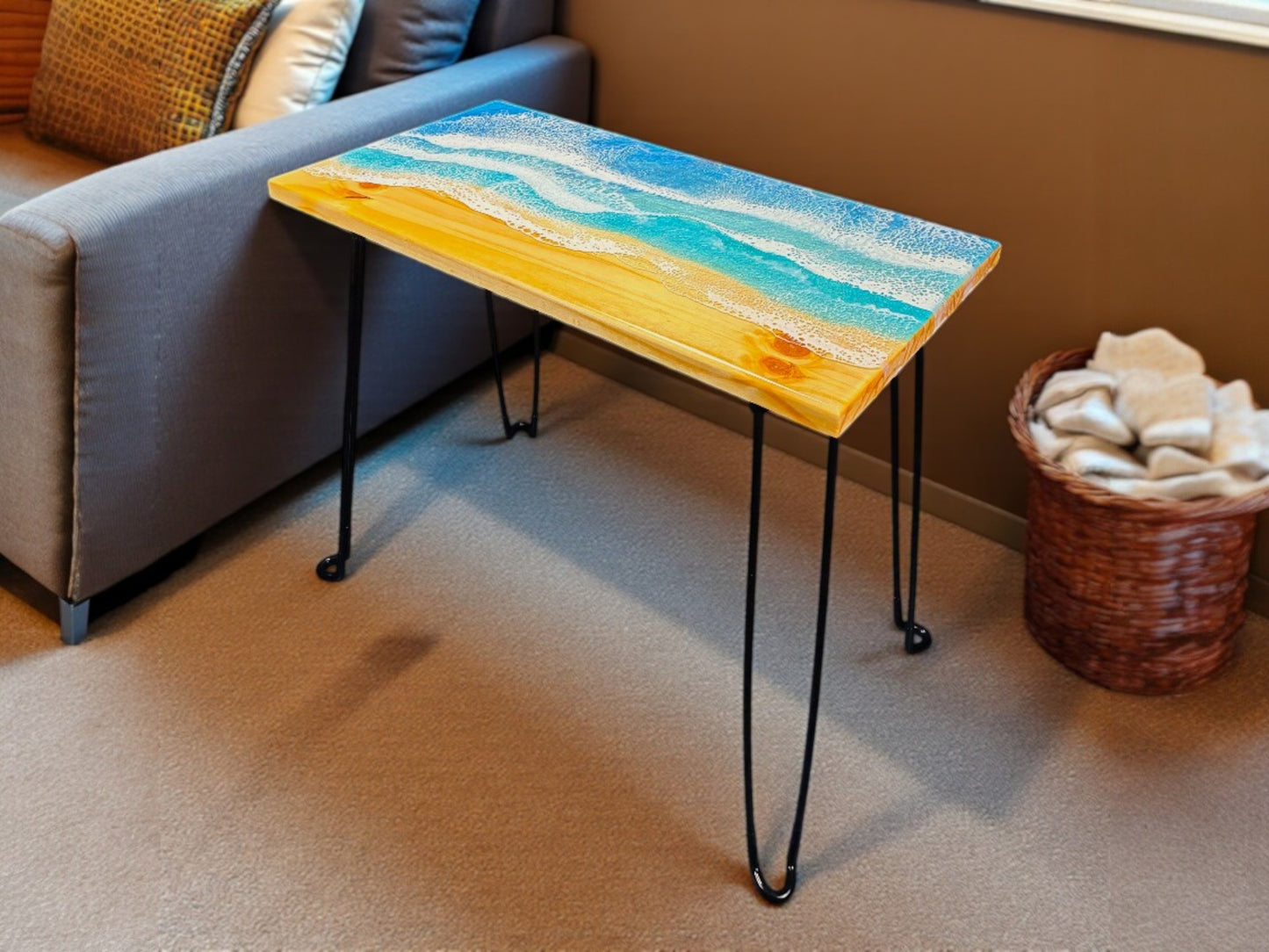 Ocean Wave Rectangular End Table - Handcrafted ALYMACK Epoxy Resin Side Table - 12" by 24" Top, 20" Height