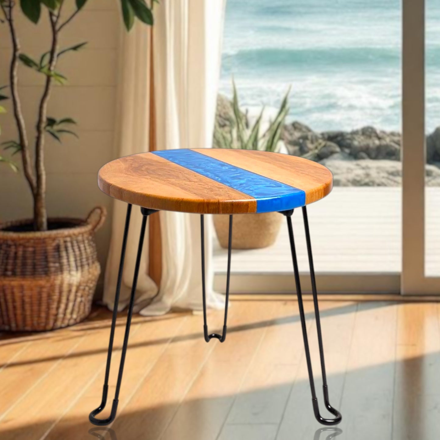 Maple Blue River End Table – Handcrafted ALYMACK Epoxy Resin Side Table with Blue River Design – 14" Top, 20" Height