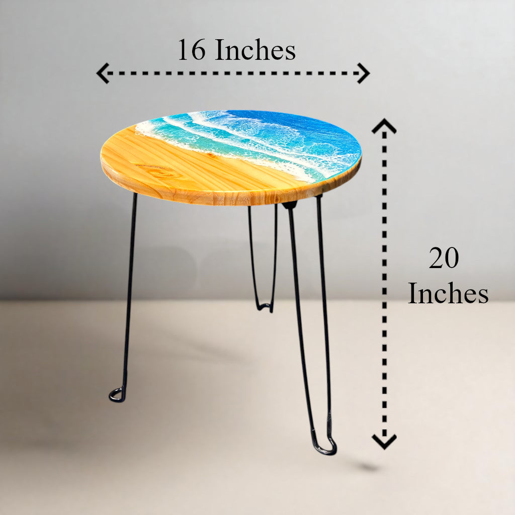 Ocean Wave Round End Table - Handcrafted ALYMACK Epoxy Resin Side Table - 16" Top, 20" Height