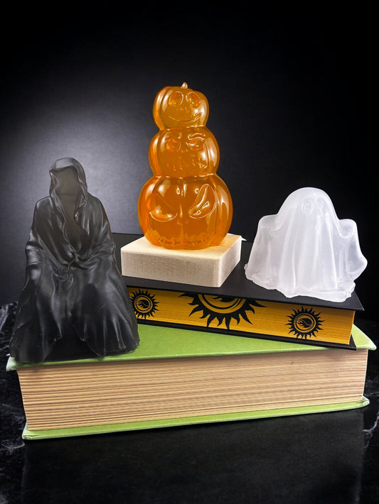 Halloween Themed Light– Handmade Wooden LED Lamp- Exchangeable Grimm Reaper, Ghost, Pumpkin Figure- Halloween Holiday Decor- Small Desk Lamp