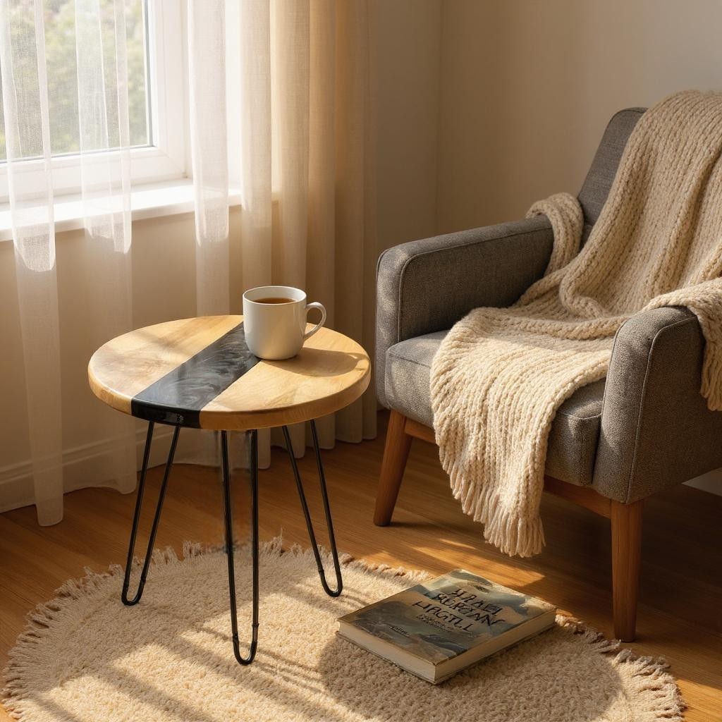 Maple Black River End Table – Handcrafted ALYMACK Epoxy Resin Side Table with Black River Design – 14" Top, 20" Height