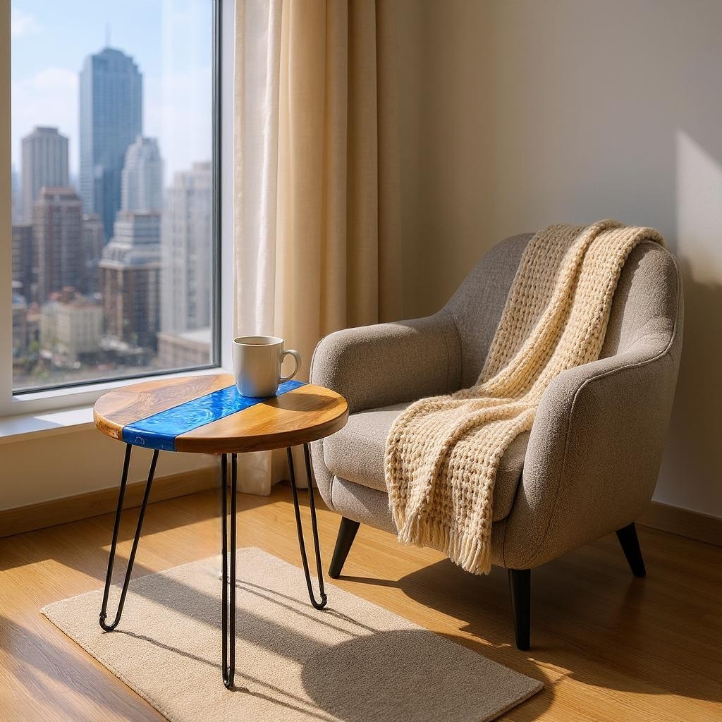 Maple Blue River End Table – Handcrafted ALYMACK Epoxy Resin Side Table with Blue River Design – 14" Top, 20" Height