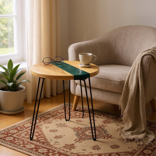 Maple Green River End Table – Handcrafted ALYMACK Epoxy Resin Side Table with Green River Design – 14" Top, 20" Height