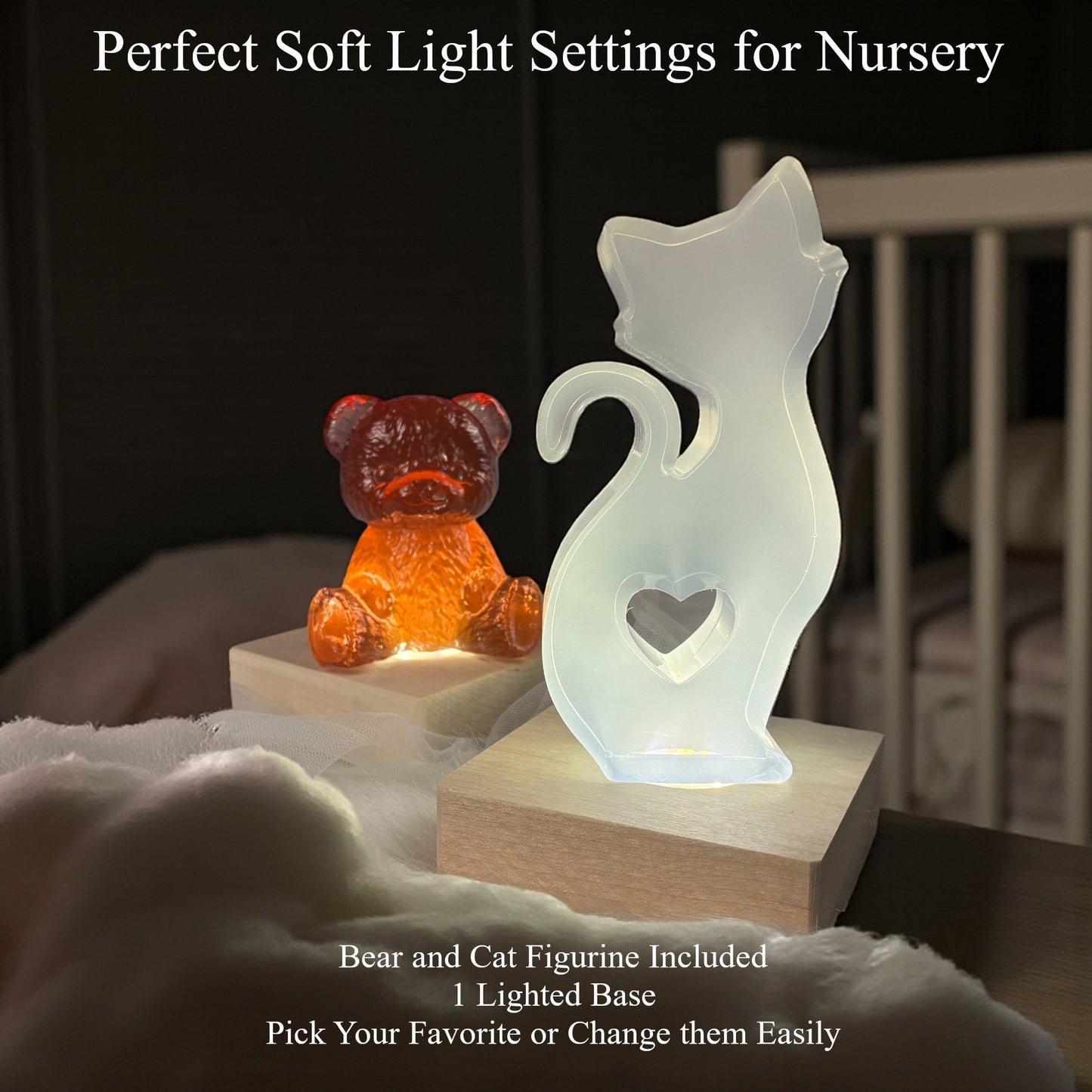 Cat and Bear Collectable Night Light – Handmade Wooden LED Lamp with Bear Figure | Nursery Decor & Baby Gift - Small Desk Lamp- Collectable Removable Animal