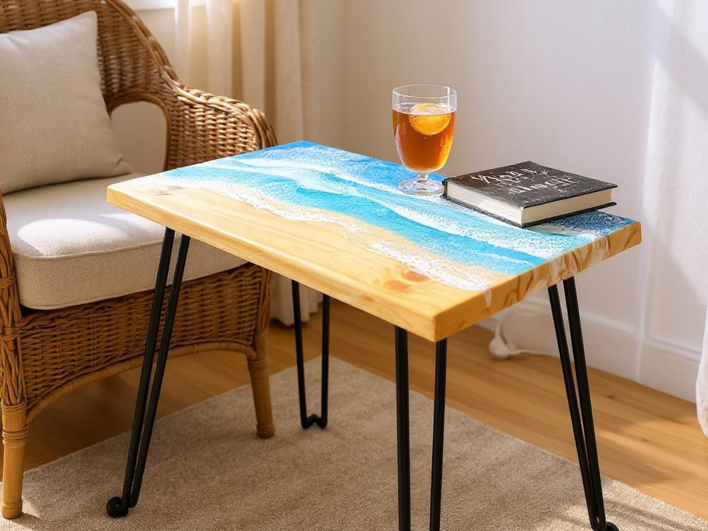 Ocean Wave Rectangular End Table - Handcrafted ALYMACK Epoxy Resin Side Table - 12" by 24" Top, 20" Height