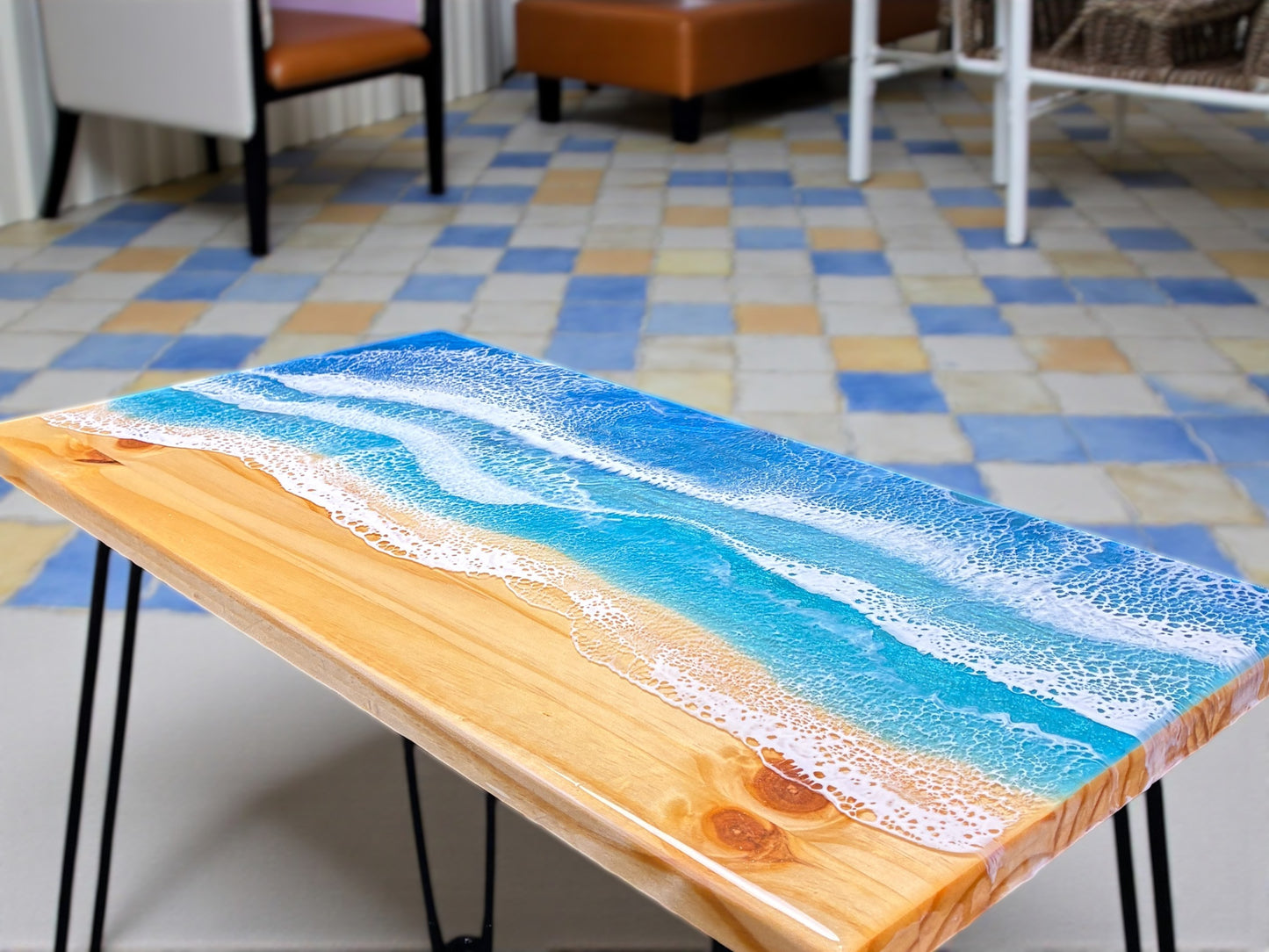 Ocean Wave Rectangular End Table - Handcrafted ALYMACK Epoxy Resin Side Table - 12" by 24" Top, 20" Height