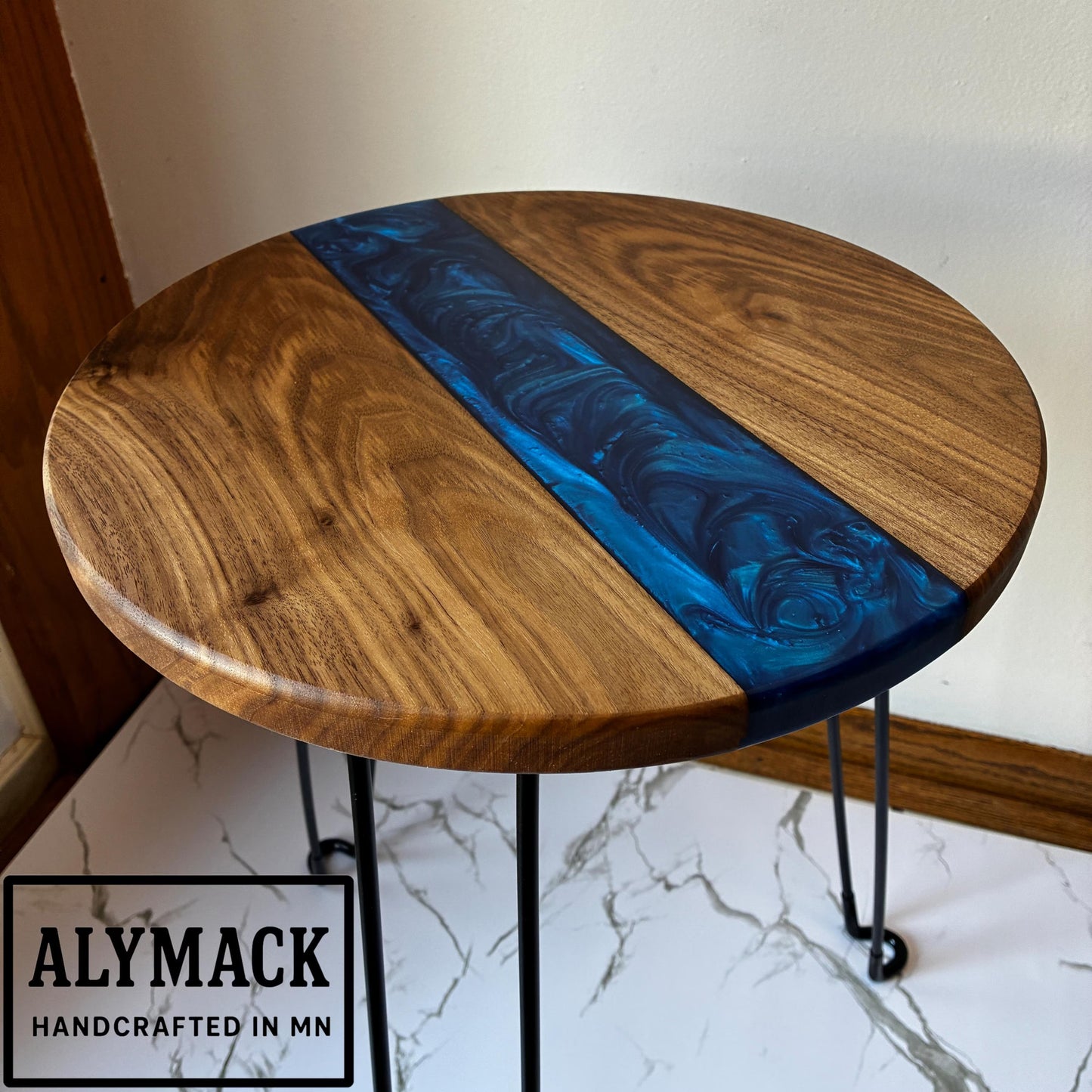 ALYMACK River End Table - Handcrafted American Walnut Wood with Resin live edge Design Living Room Side Table 14" Top, 20" Height Handmade