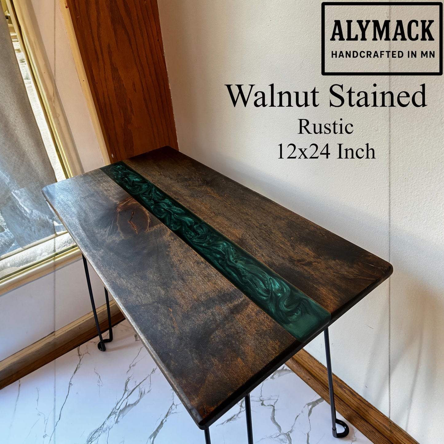 ALYMACK River End Table - Handcrafted American Walnut Wood with Resin live edge Design Living Room Side Table 14" Top, 20" Height Handmade