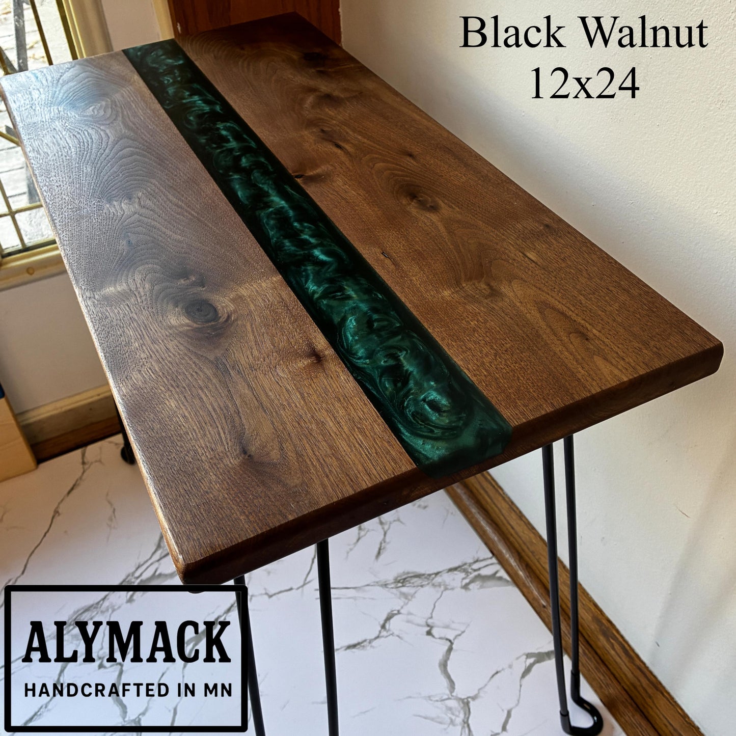 ALYMACK River End Table - Handcrafted American Walnut Wood with Resin live edge Design Living Room Side Table 14" Top, 20" Height Handmade