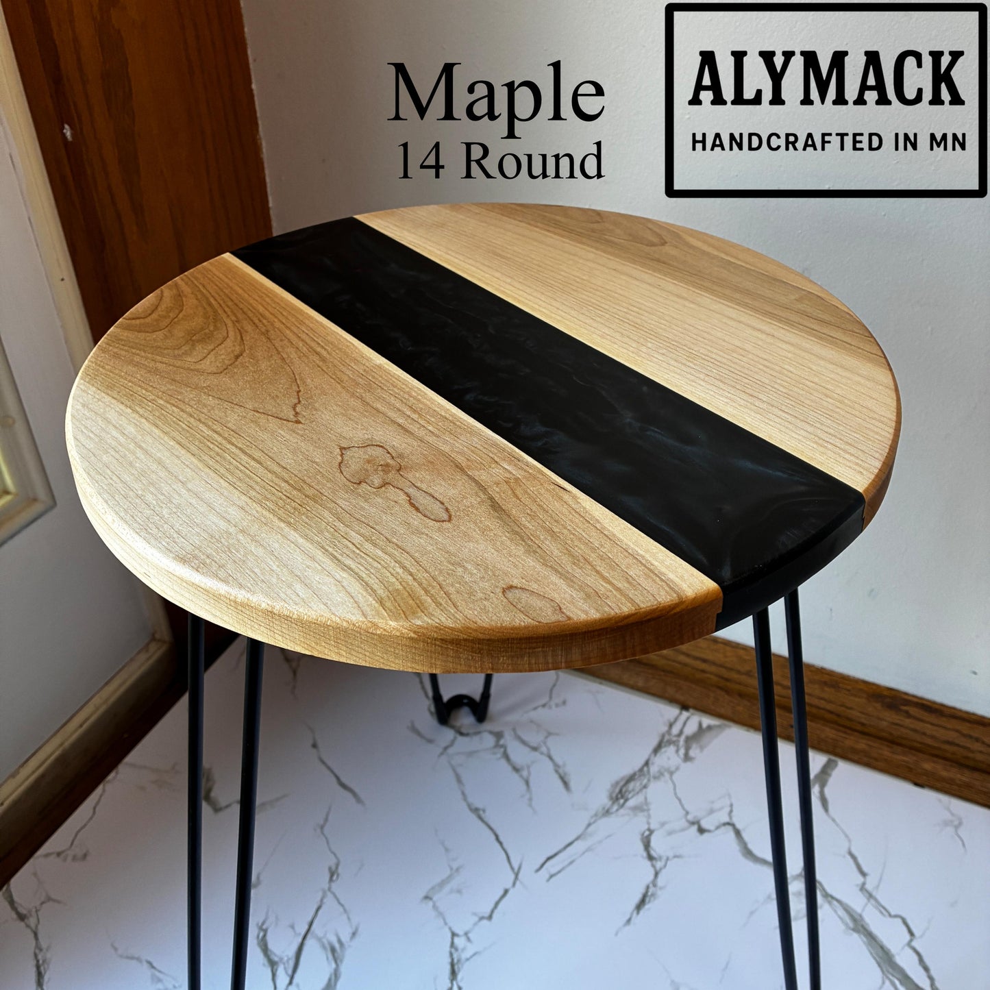 ALYMACK River End Table - Handcrafted American Walnut Wood with Resin live edge Design Living Room Side Table 14" Top, 20" Height Handmade