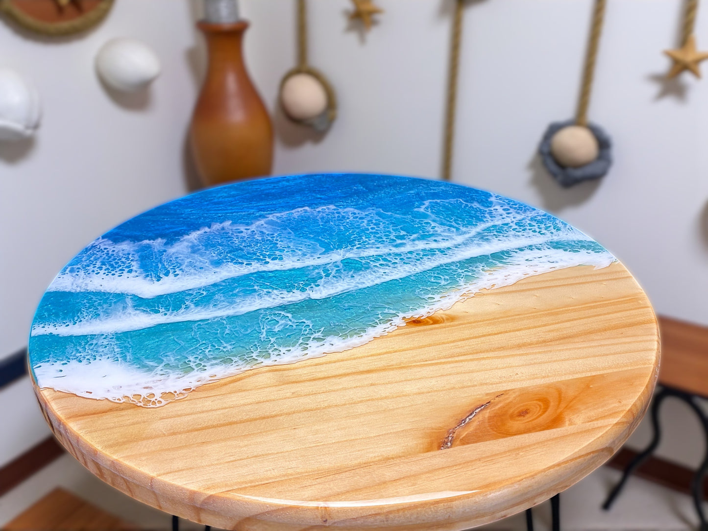 Ocean Wave Round End Table - Handcrafted ALYMACK Epoxy Resin Side Table - 16" Top, 20" Height