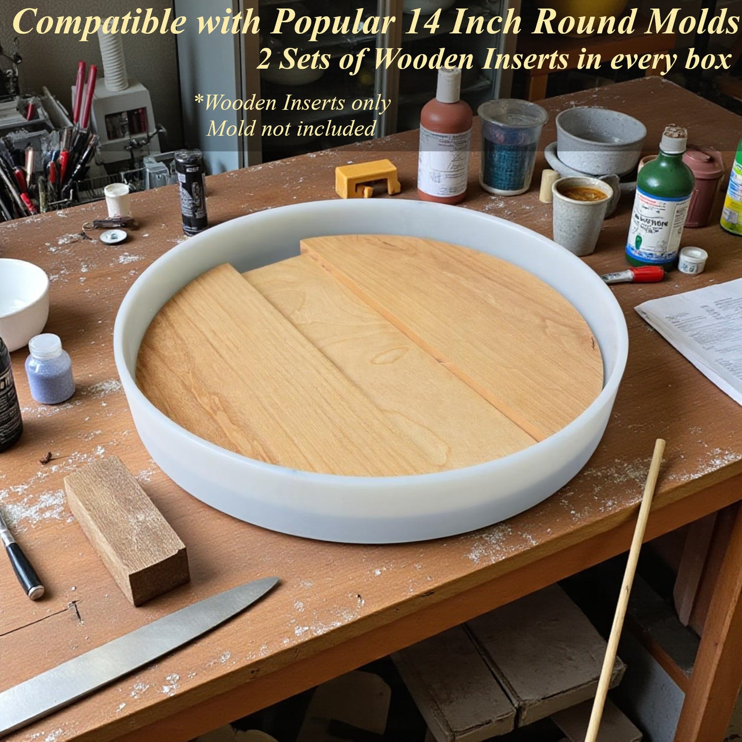 14" Round Alder Wood Insert Set for Resin Tables & Lazy Susans – Unfinished Hardwood Craft Blanks – Fits 14 Inch Silicone Molds – Reduces Resin Use – Made in USA by AlyMack