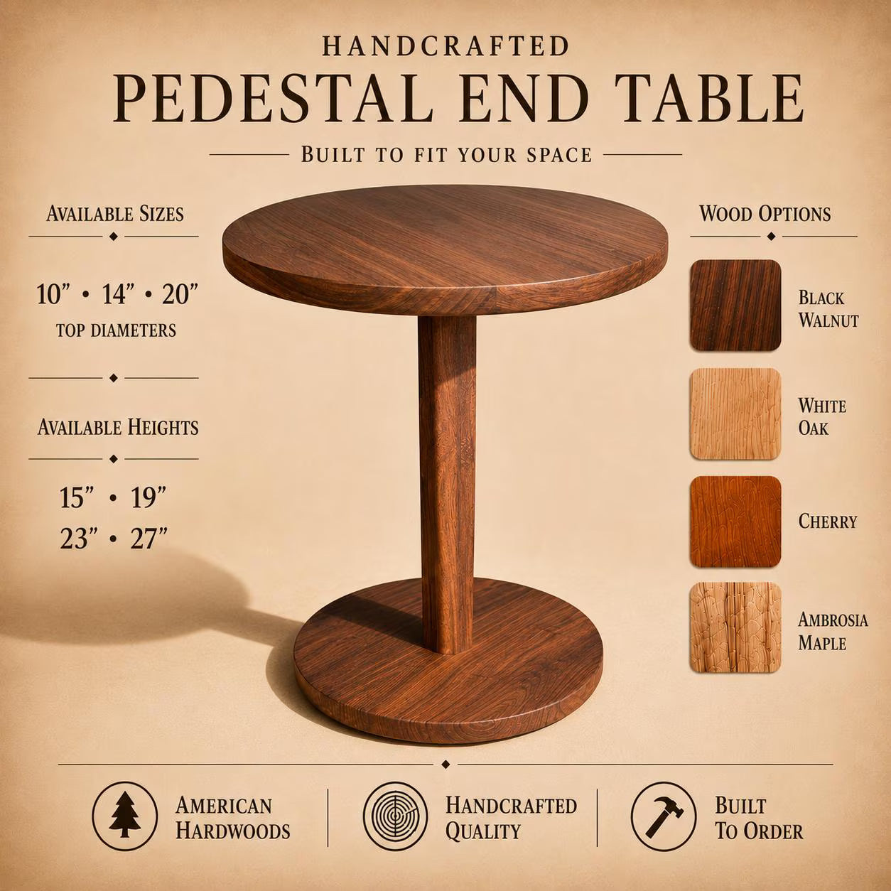 Pedestal Solid Wood Table – Walnut, Cherry, Ambrosia Maple